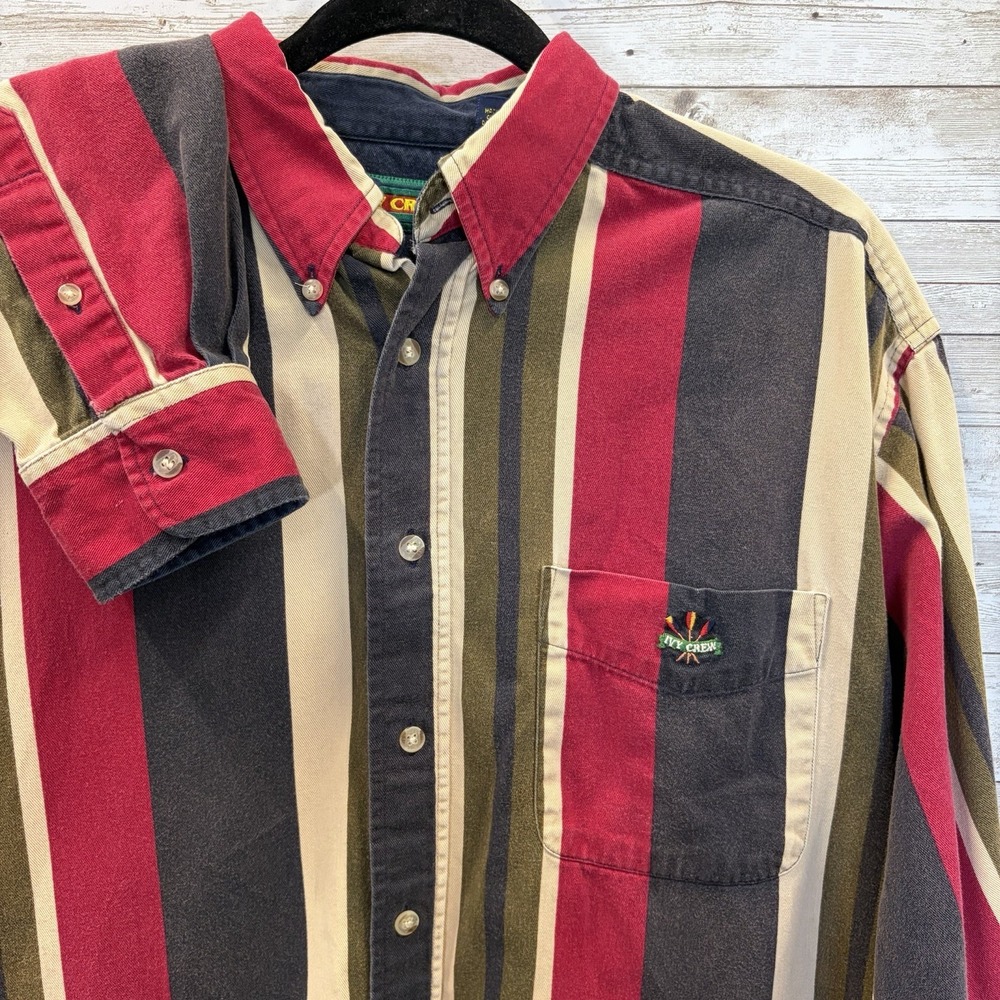 Vintage 90s Ivy Crew Mens L Shirt Striped 100% Cotton Button Down Preppy Red